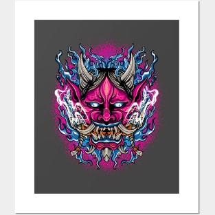 Japanese Demon Face Mask Vaporwave Oni Devil Oni Harajuku Posters and Art